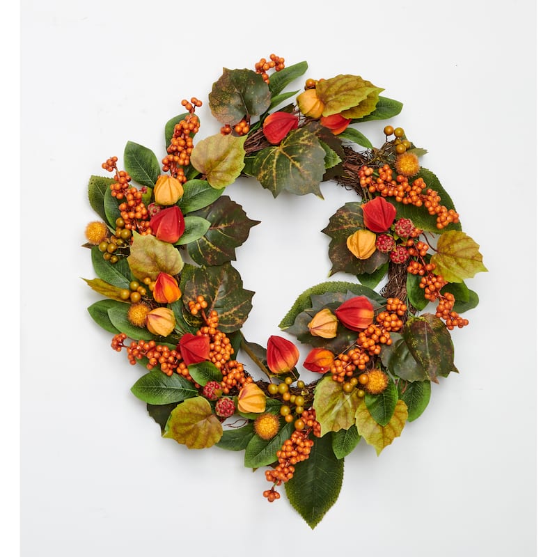 24" Green Leaves & Lantern Fall Wreath