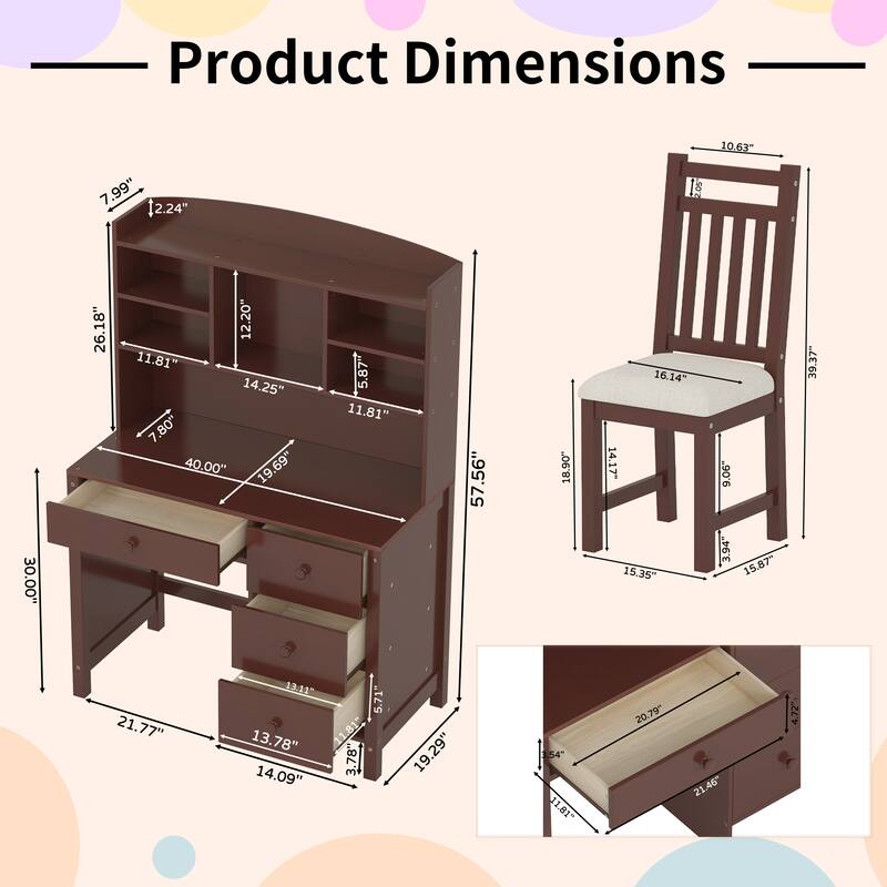 Computer Desk Set with 4 Drawers, Storage Shelf and Chair Writing Desk