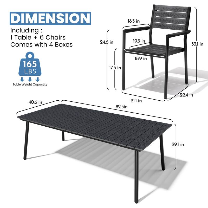 7-Piece Outdoor Patio Dining Set Wood-Like Table Top Alumium Umbrella Hole Table with Stackable Armrest Dining Chairs