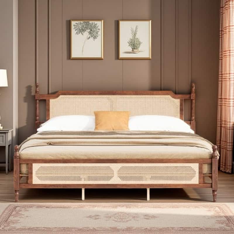 King Size Pine Wood Bed with Rattan Headboard & Footboard, Central Support Slats, Spacious Underbed Storage, Walnut Finish - Walnut