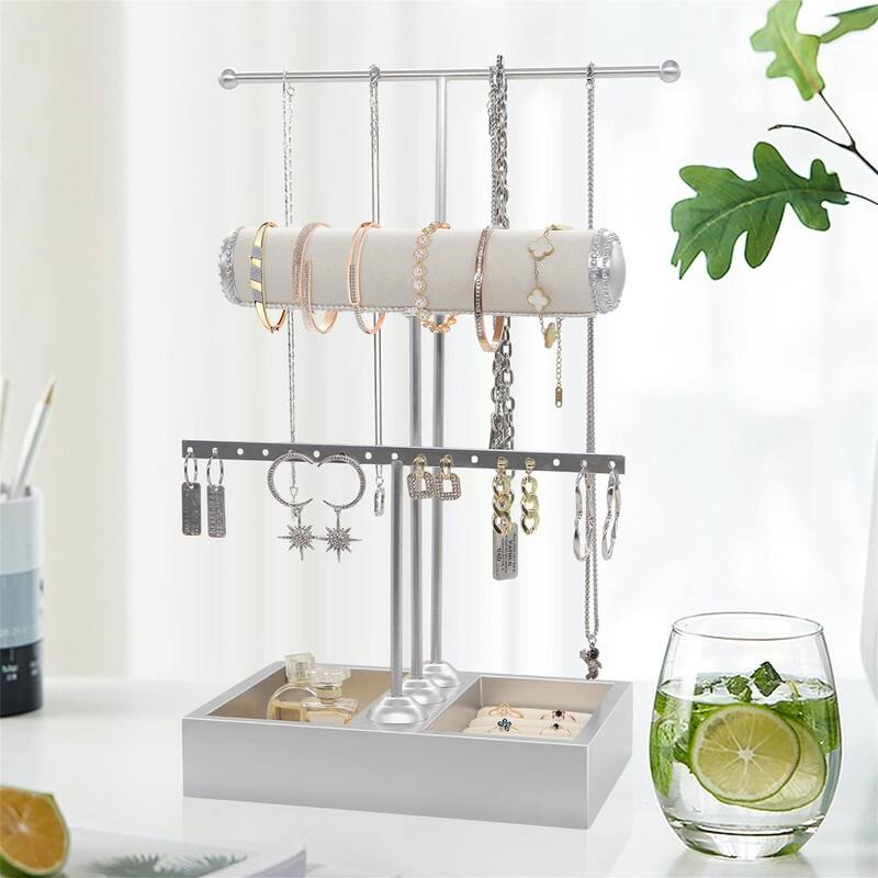 Jewelry Organizer Stand Necklace Holder - 6"D x 7.9"W x 14.8"H - Silver
