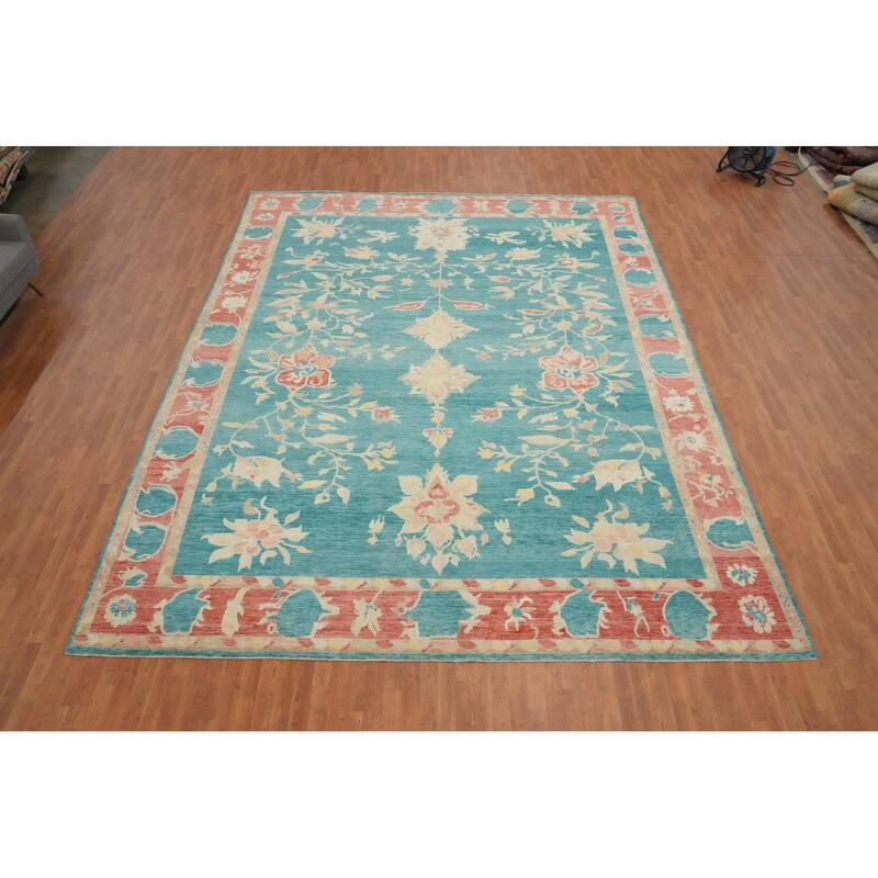 Hand Knotted Oriental 100% Wool Carpet Transitional Floral Navy Blue & Blues Oushak Area Rug - 15' 2'' X 12' 0''