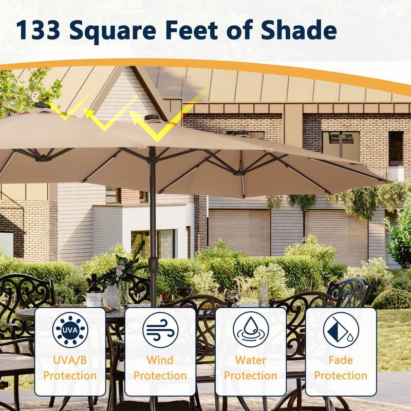 15 Ft Outdoor Solar Detachable Lights Rectangular Crank Market Umbrella with Base