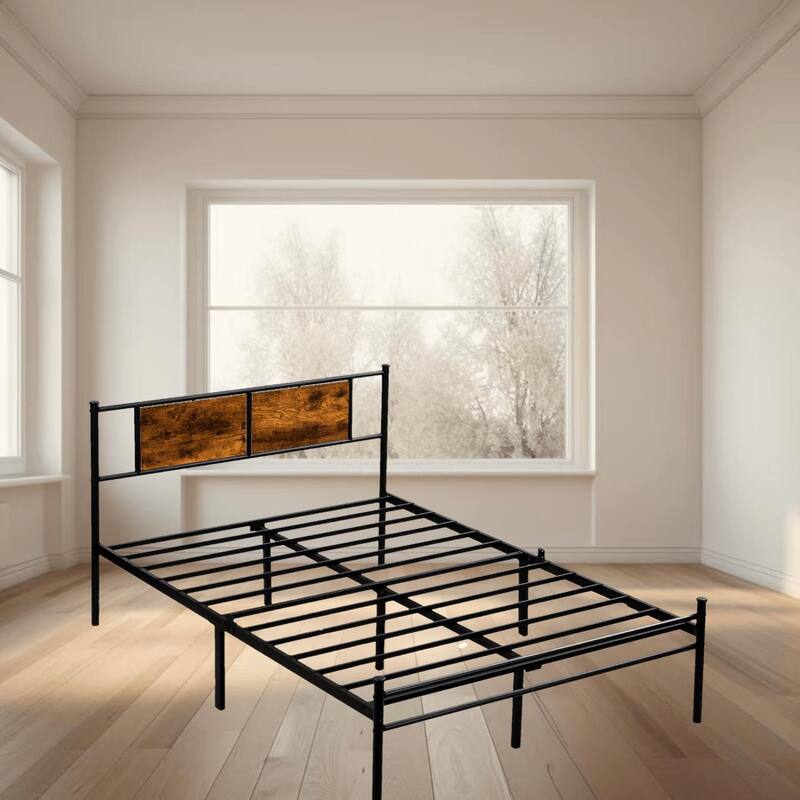 Metal Platform Bed Frame with Headboard and Wood Panel Decoration, Twin, Full, and Queen Sizes Bedroom Furniture - Black+Brown - Queen
