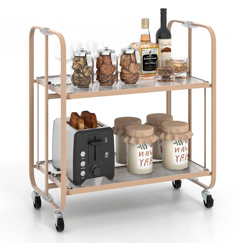 Gymax 2-tier Foldable Kitchen Bar Cart Mobile Tempered Glass Serving