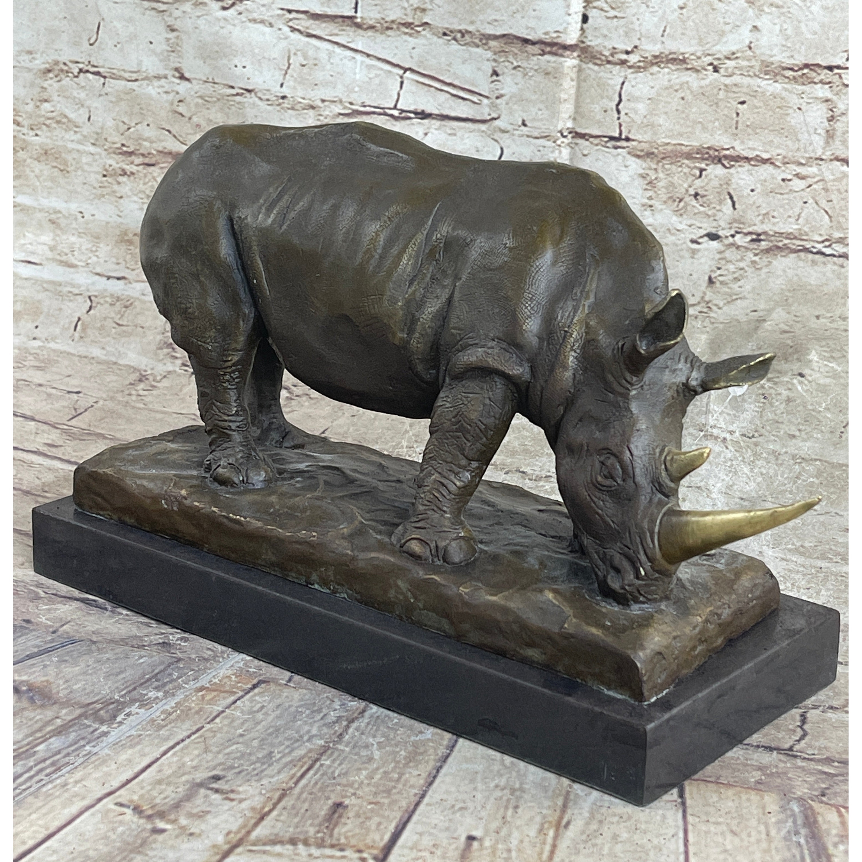 Bronze Metal Rhinoceros Rhino Statue Sculpture Figure Marble Base Barye Art 9 Inches X 14 Inches