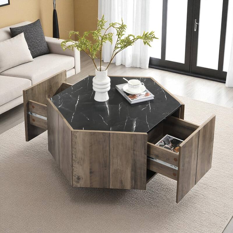 Hexagonal Rustic Coffee Table with Textured Marble Top, 2 Hidden Drawers, Light Brown Oak Finish, MDF - Black Light Brown