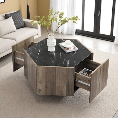Hexagonal Rustic Coffee Table with Textured Marble Top, 2 Hidden Drawers, Light Brown Oak Finish, MDF