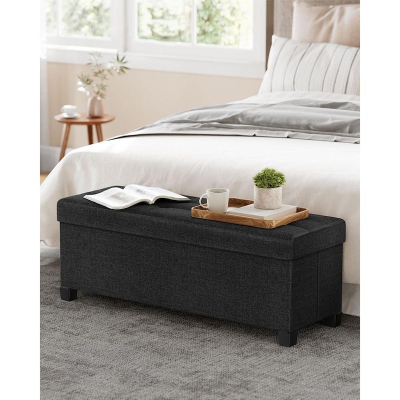 Fabric Upholstered 43" Wide Small Storage Ottoman with Wooden Legs and Tufted Lid