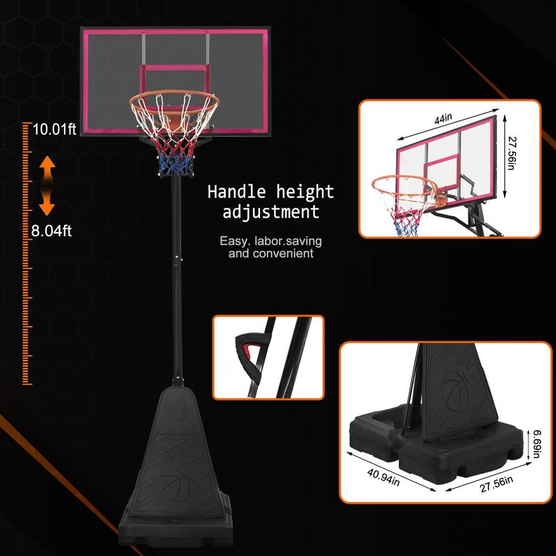 Portable Basketball Hoop,Adjustable Height 8.04ft to 10.01ft,44 inch Backboard with Rebound System,w/Rebound Board & Wheels