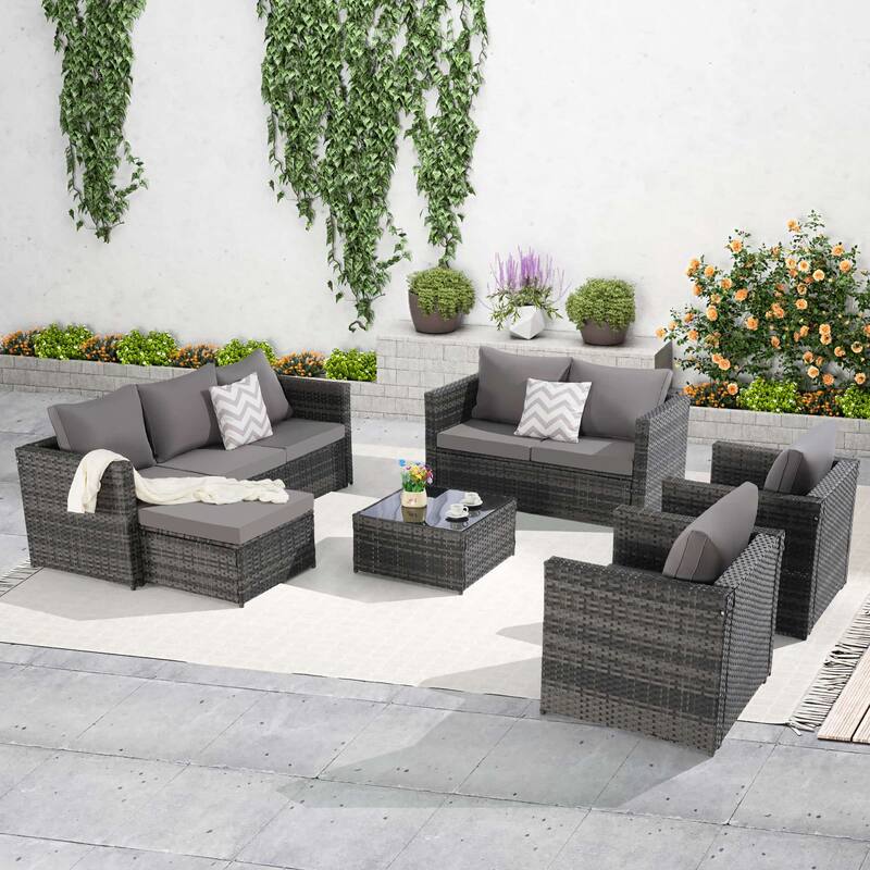 6-Piece Outdoor Wicker Conversation Sofa Set with Coffee Table, Ottoman - Dark Grey