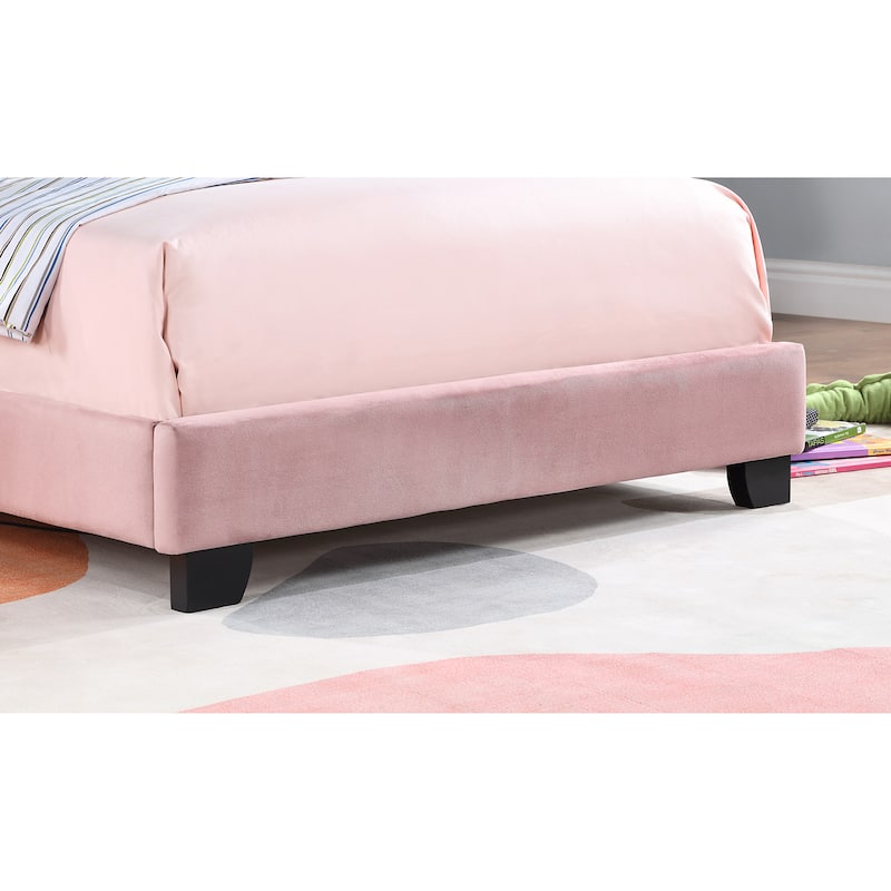 Pink Twin Platform Bed in Velvet with Shell Headboard - No Box Spring Required, Soft Velvet Fabric