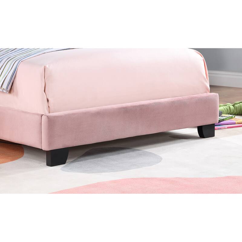 Pink Twin Velvet Platform Bed with Shell Headboard - No Box Spring Required, Soft Velvet Fabric