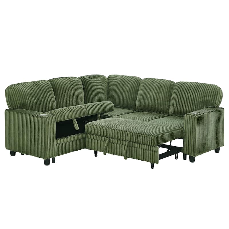 GDFStudio - Modern 5-Seat Sectional L-Shaped Sofa with Pull-Out Sleeper Bed, Storage, Cup Holder & USB Charging - 81"W