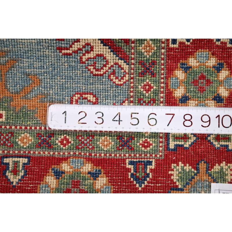 Light Blue Geometric Kazak Rug Entryway Hand-Knotted Wool Carpet - 3'1" x 4'11"