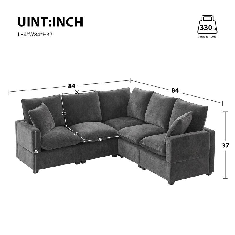 Livingroom Corner Sofa Sets, 84*84" Modern L Shape Chenille Sectional Couch Set w/ 2 Pillows, 5 Seat Modular Sleeper Sofa Set