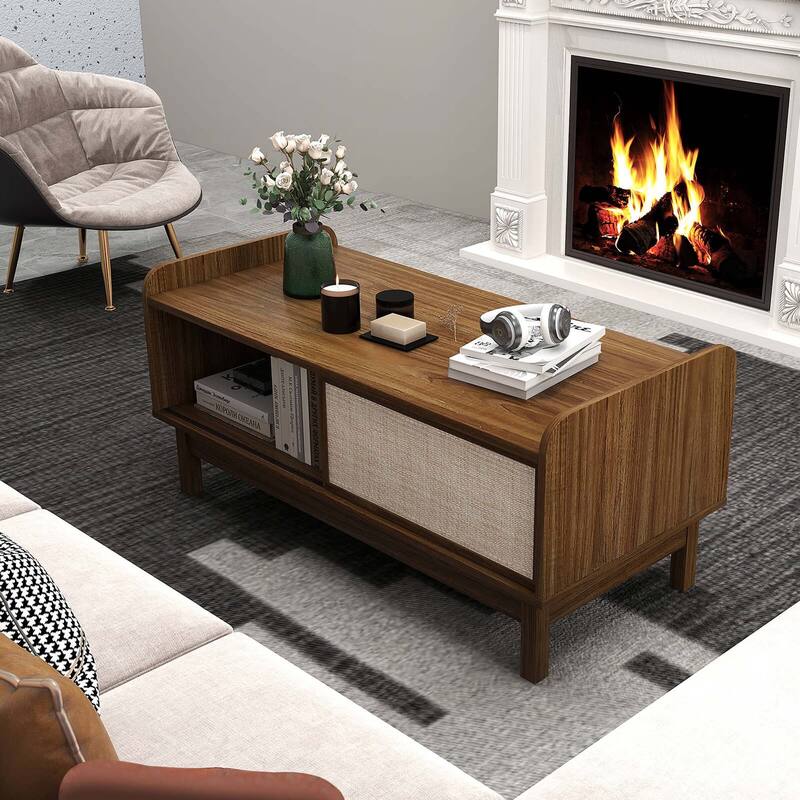 Costway Rectangular Coffee Table with Storage Weaving Sliding Door & - See Details