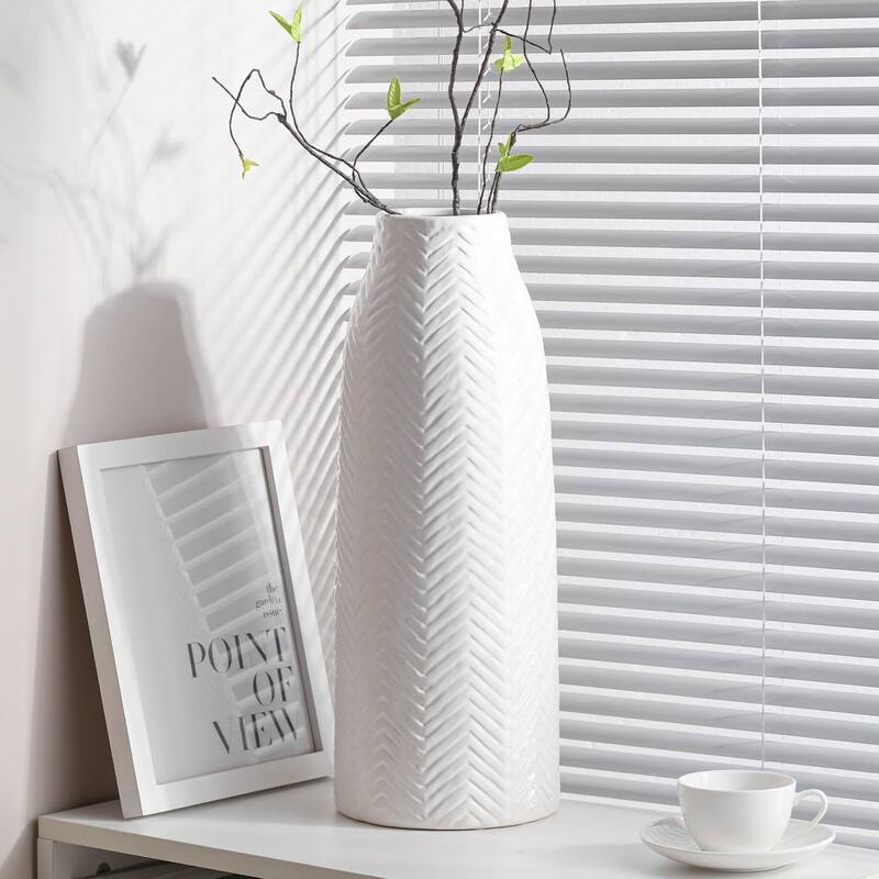 Large White Vase- Ceramic Vase for Home Decor Flower Vase for Centerpieces, Tall Vases for Living Room - White