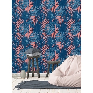 Blue Exotic Leaves on Coral Background Removable Wallpaper - Bed Bath ...