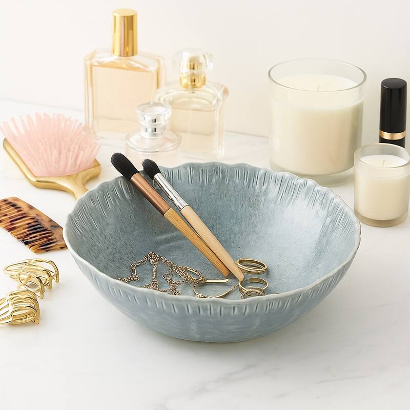 Decorative Round Glazed Wavy Edge Bowl - 15.25", Teal Blue - 15.25"