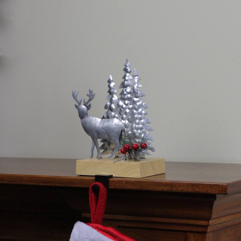 8.5" Silver Brown Metal Deer Trees Christmas Stocking Holder