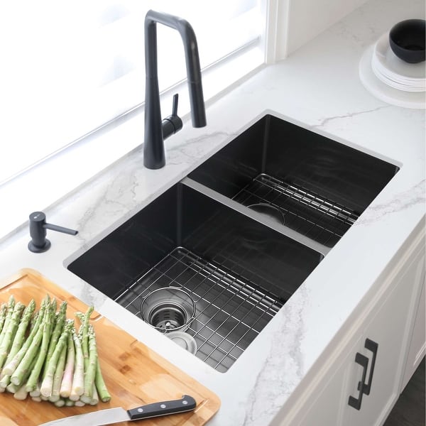 slide 2 of 14, STYLISH 32 inch Graphite Black 16G 50/50 Double Bowl Undermount Kitchen Sink - 32" x 18" x 9" Graphite Black