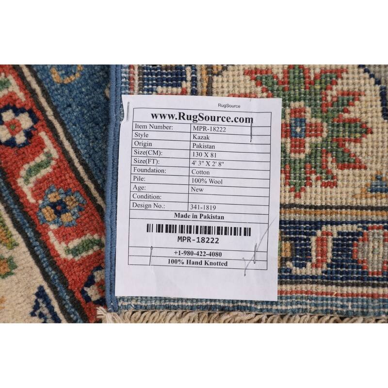 Blue Geometric Kazak Accent Rug Handmade Wool Carpet - 2'8" x 4'3"