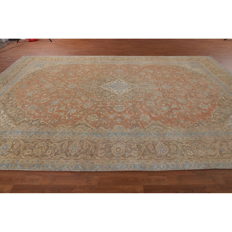 Orange Kashan Persian Vintage Area Rug Hand-Knotted Wool Carpet - 9'7"x 13'5"
