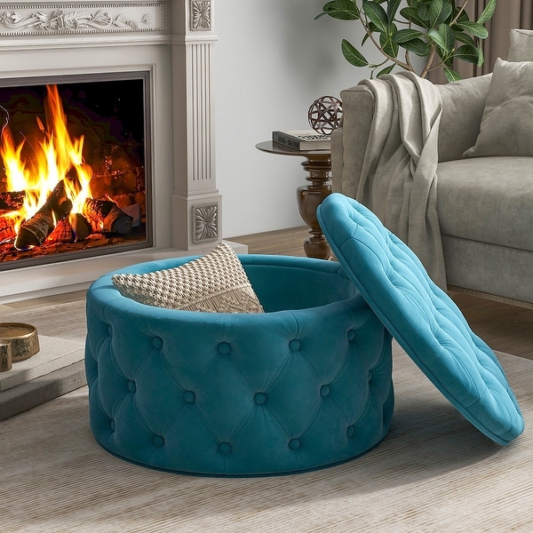 Teal shop round ottoman
