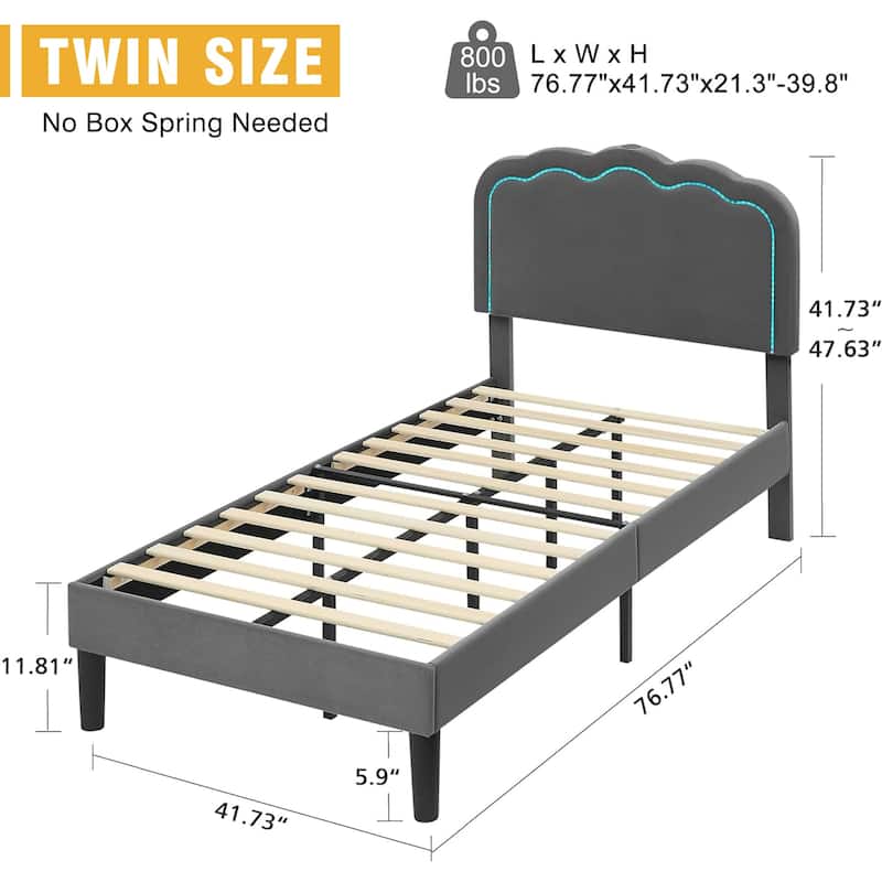 VECELO Luxury Velvet Smart Bed Frame with RGB Headboard & USB/Type-C Charging Height-Adjustable Headboard