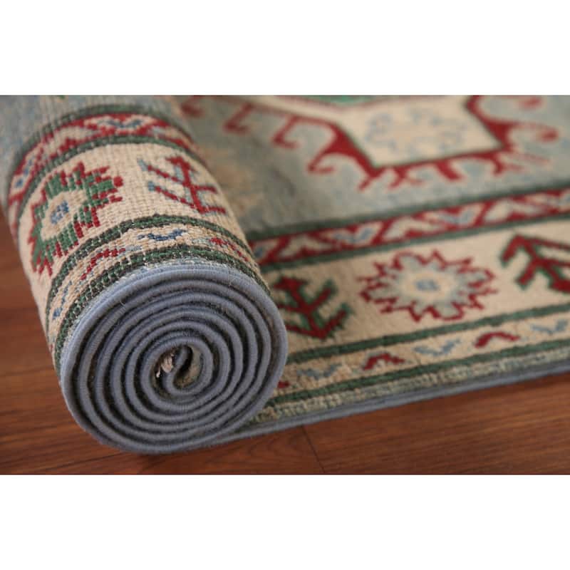 Light Blue Kazak Runner Rug Hand-Knotted Traditional Wool Carpet - 2'8" x 13'4"