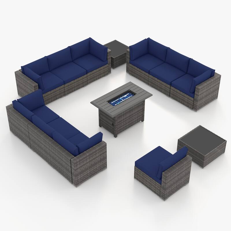 13 Piece Wicker Set Patio Sofa Furniture with Fire Pit And Table