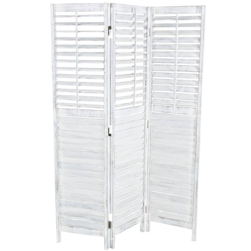 White Wood Washed Shutter Top 3 Panel Partition Room Divider Screen with Gray Distressing