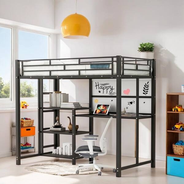 slide 2 of 14, Twin Size Loft Bed with Desk, Whiteboard, 3 Shelves and Ladder, Espresso Espresso