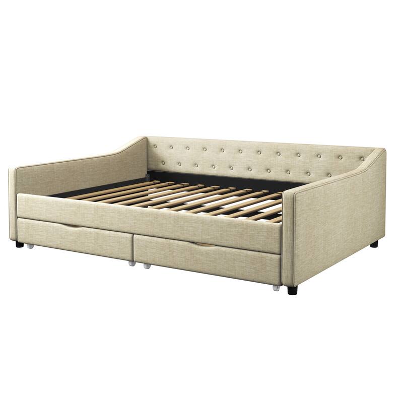 Upholstered Tufted Daybed with Button on Back and Piping on Waved Shape Arms