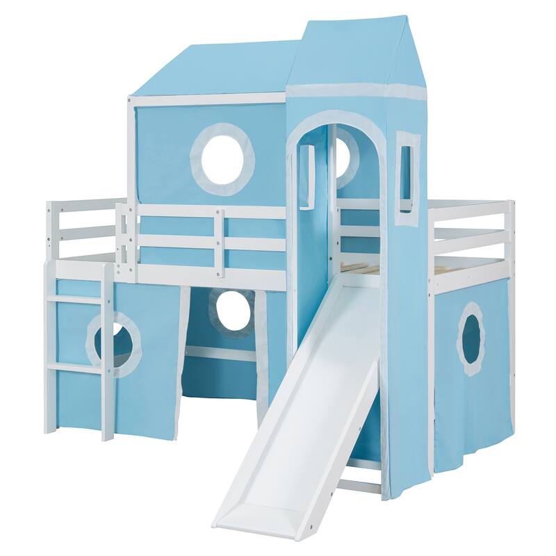 Solid Wood Loft House Bed with Slide Tent, Tower, Ladder, and Fence Baffle for Bedroom