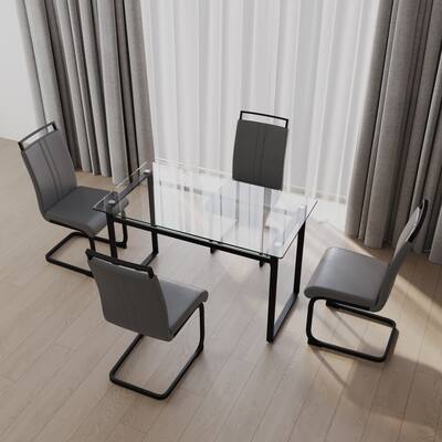 Glass 5-Piece Dining Table Set with 4 PU Upholstered Chairs