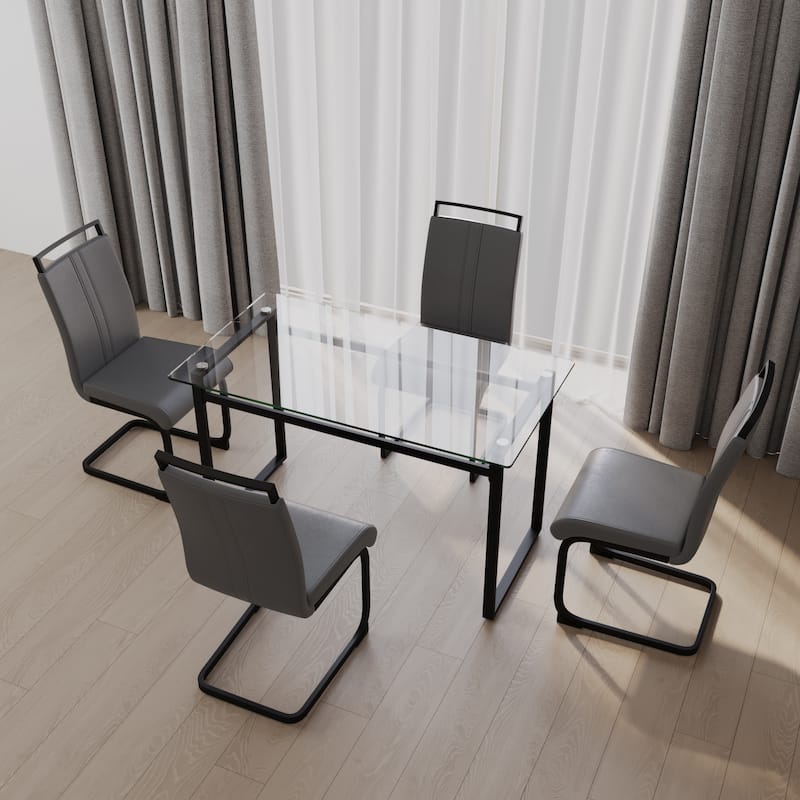 Modern 5-Piece Dining Set with Rectangular Glass Table & High Back Metal C-shaped Tube Chairs