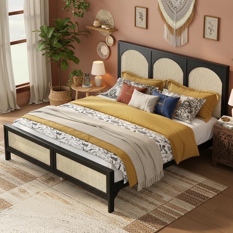 Rattan Inlay Wood Platform Bed by Harper&Bright Designs