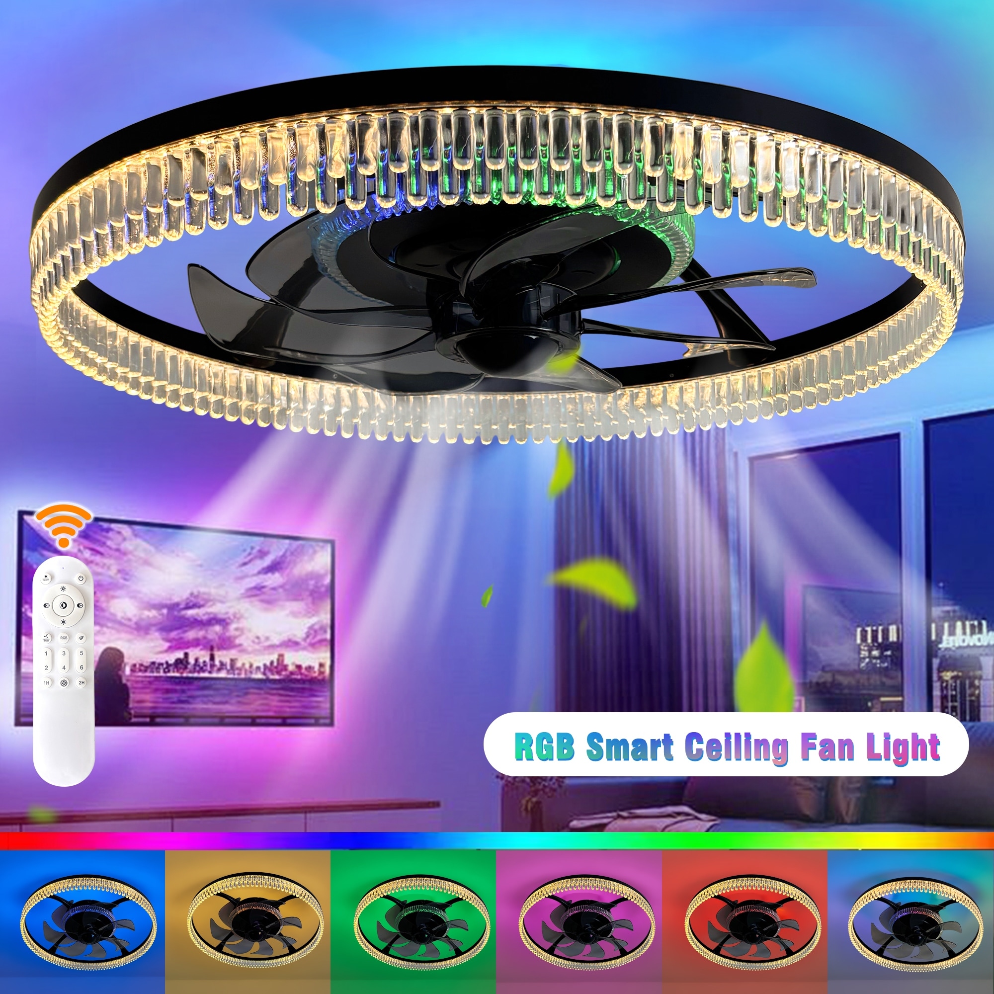 19" RGB Flush Mount Ceiling Fan with Remote, Bladeless Crystal Design, 6-Speed DC Motor, Dimmable LED for Bedroom & Living Room