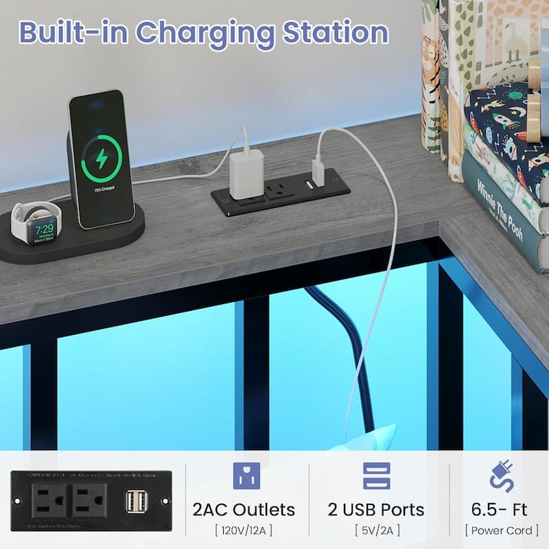 Corner Bed Frame 2 Storage Drawers Daybed Charging Station LED Lights