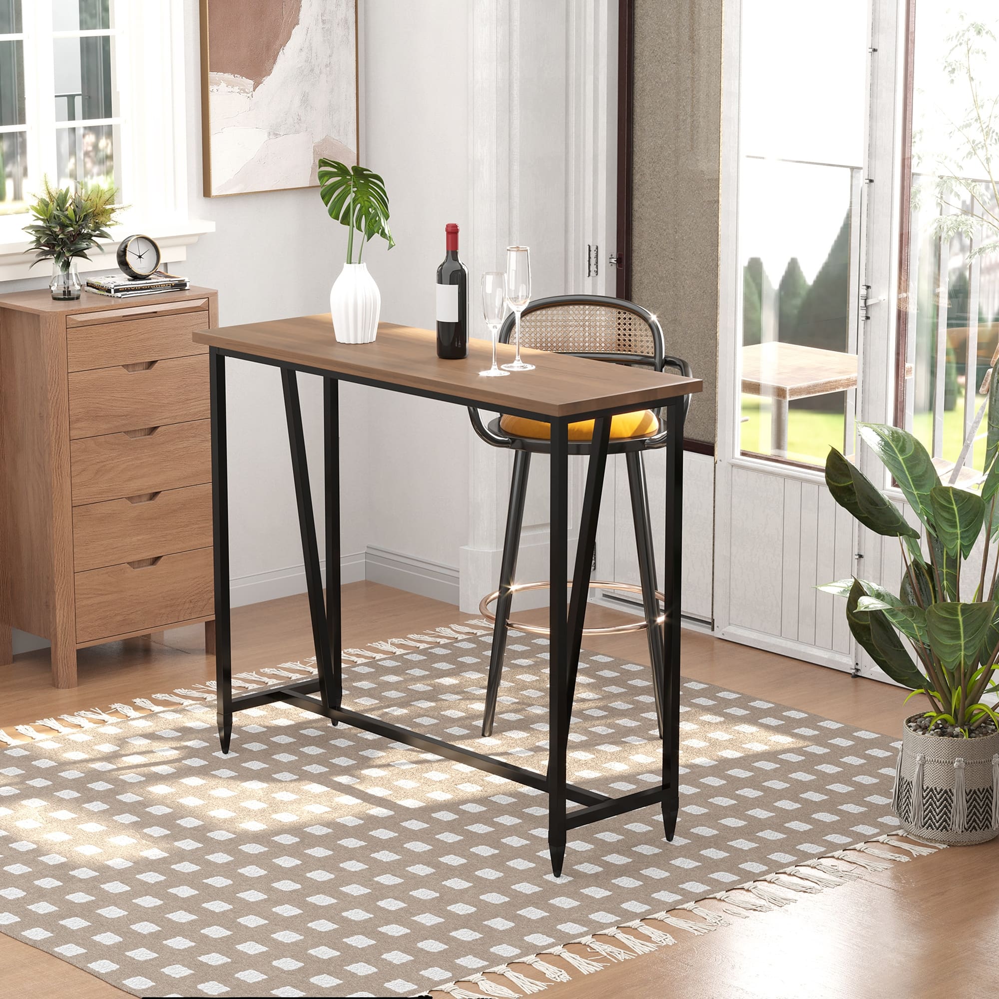 Rustic Industrial Bar Table with Metal Legs and Large Tabletop