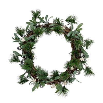 Pine Needle Silver Ball Ornament Artificial Christmas Wreath 12" Unlit