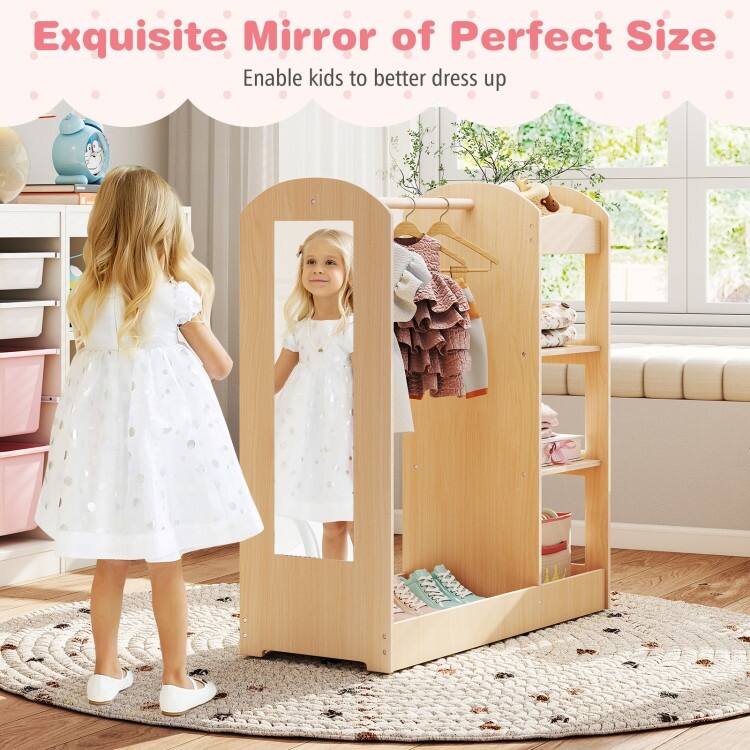 Kids Dress-Up Armoire with Mirror & Storage Wooden Costume Closet Organizer for Toddlers