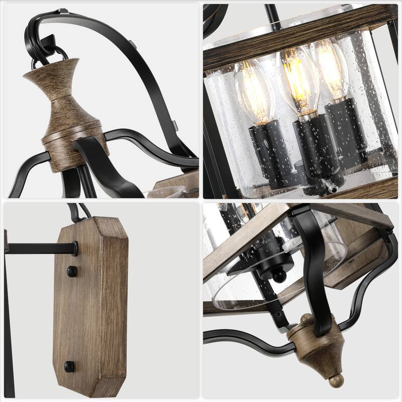 CurveCurio 17"Antique Metal Lantern Wall Sconce w/ Wood Accents and Texteured Round Glass Shade-3 Lights Wall Light - 12"*7"*17"