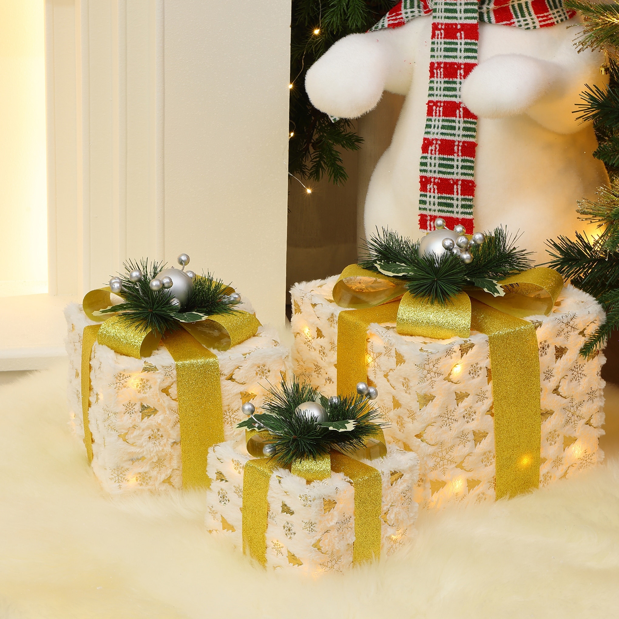 3-Pc Lighted White Snowflake Fabric Gift Box Set Outdoor Holiday Decoration