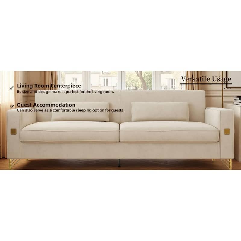 Roomfitters Mid-Century Modern Upholstered Sofa with Gold Metal Legs and Square Arms, Elegant Couch for Living Room