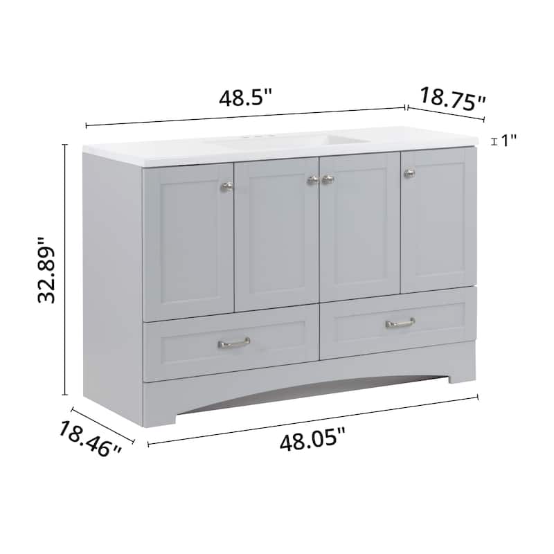 Spring Mill Cabinets Emlyn 48.5" Bathroom Vanity With Shelves, Drawers, and White Sink Top