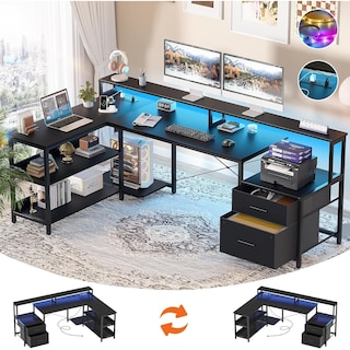 Reversible L Shaped Computer Desk with File Drawer & Monitor Stand & Power Outlet & LED Strip, Home Office Desk Corner Desk