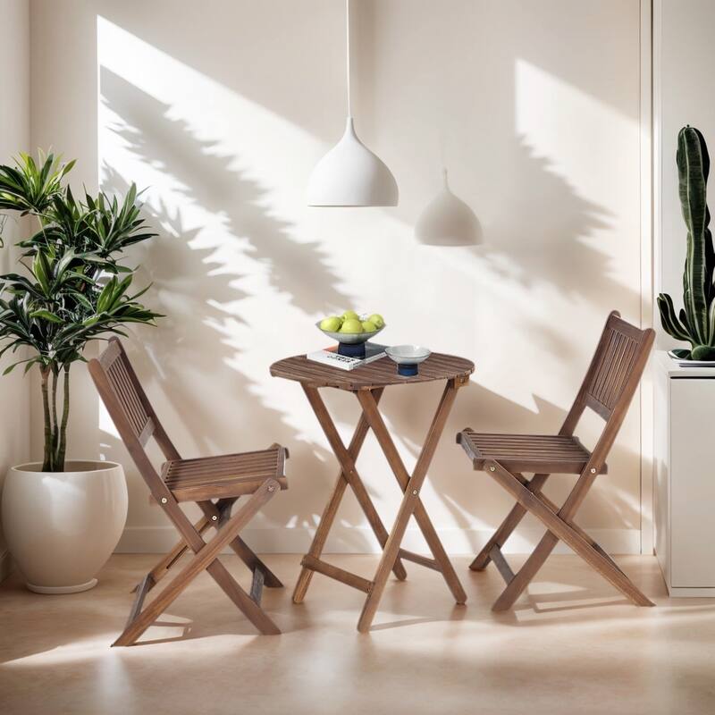 Acacia Wood Bistro Set with 2 Folding Chairs & Round Table, 3-Piece